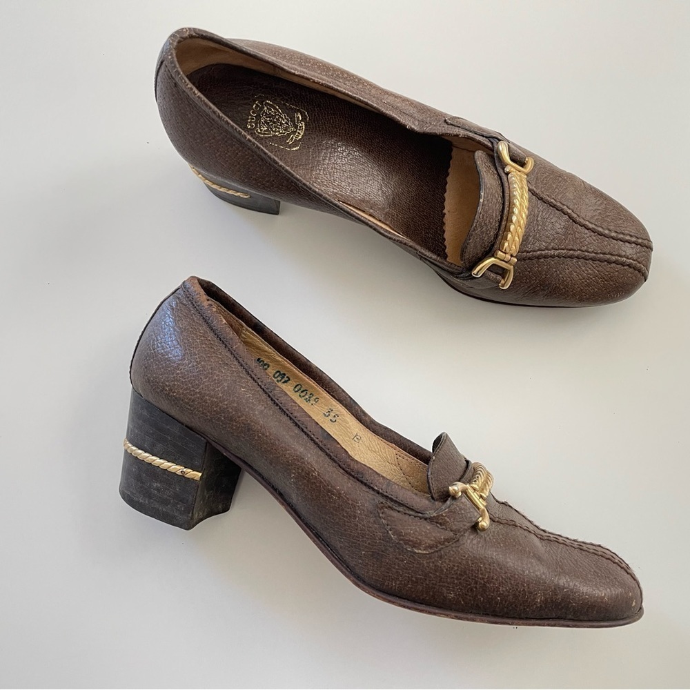 Vintage 70s Gucci Block Heel Loafers with Gold Accent Size 35